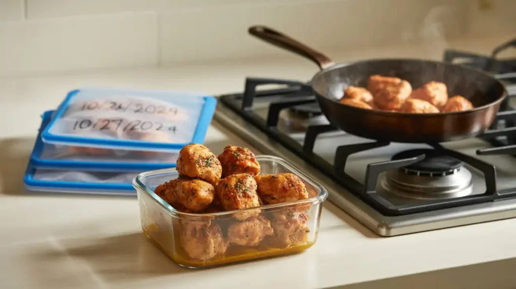Glass meal prep container filled with garlic butter chicken, ready to be stored or reheated.