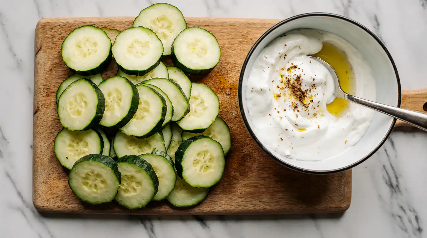 Low-calorie snacks neatly arranged on a wooden board, including veggie sticks, hummus, and rice cakes.