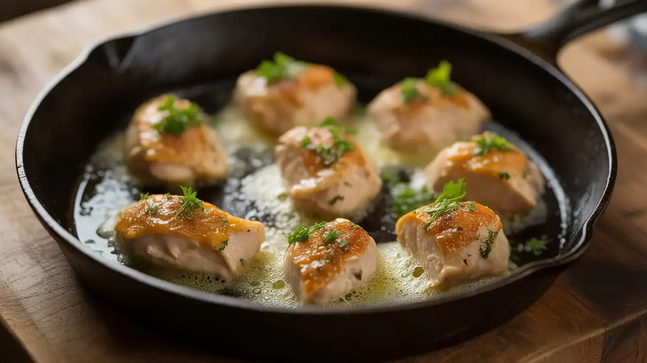 Bite-sized garlic butter chicken seared golden in 10 minutes, served in a rustic pan.