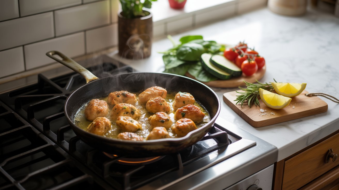 One-pan chicken with colorful veggies sizzling in a skillet, ready in under 20 minutes