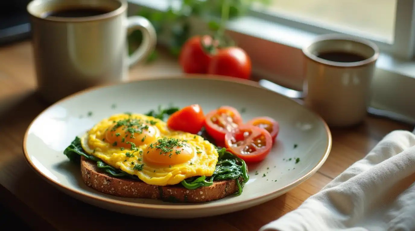 Scrambled eggs on toast with spinach and tomatoes in morning light