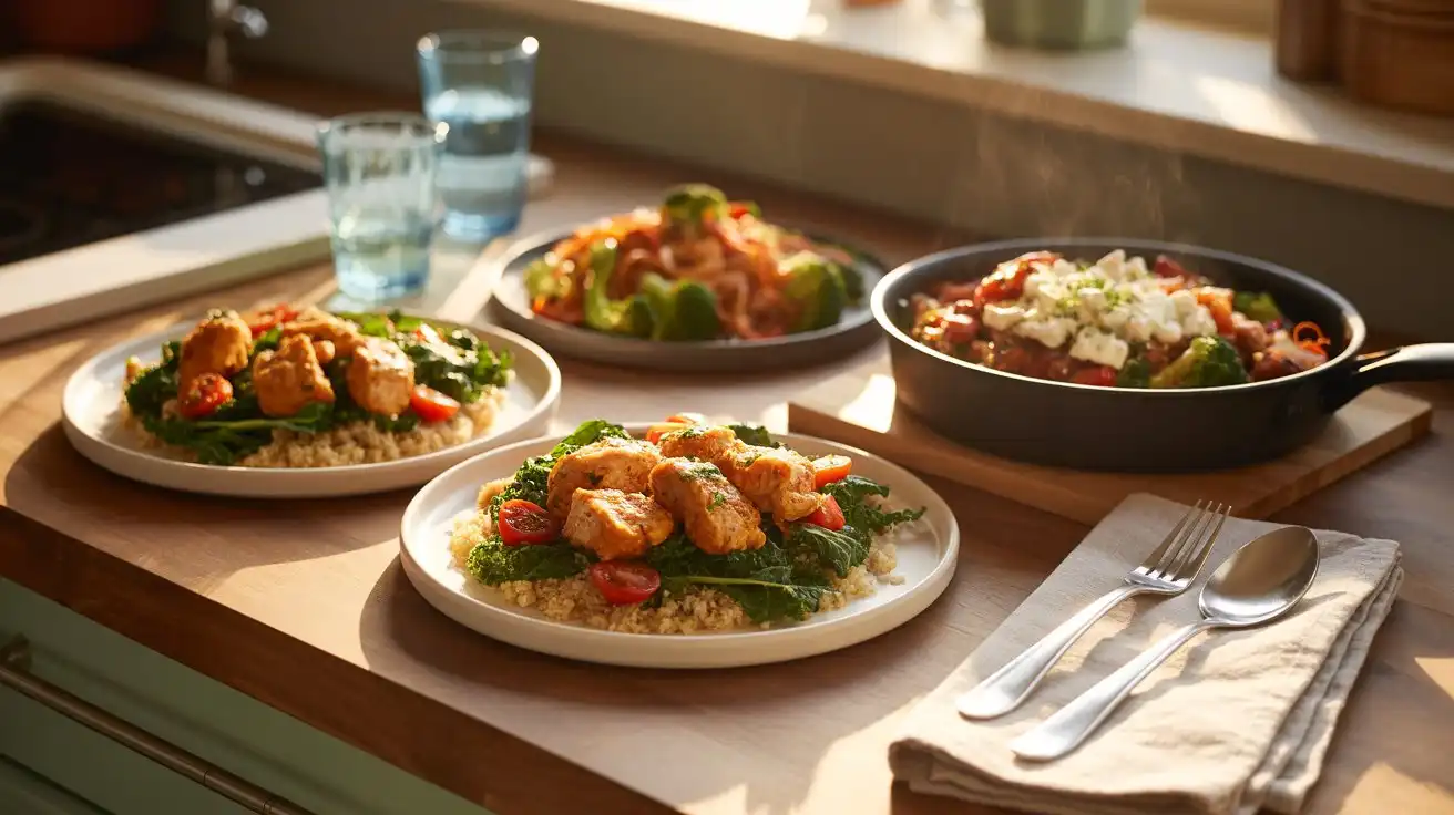 Quick protein-packed dinner plates featuring grilled chicken, roasted veggies, and quinoa on a dinner table