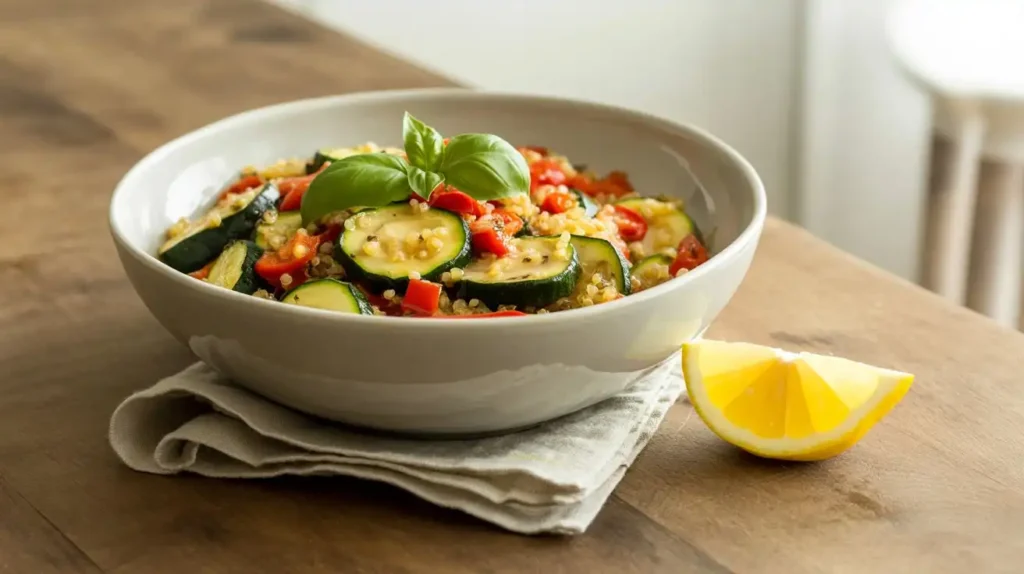 Colorful quick vegetarian meal with sautéed vegetables, quinoa, and herbs in a ceramic bowl