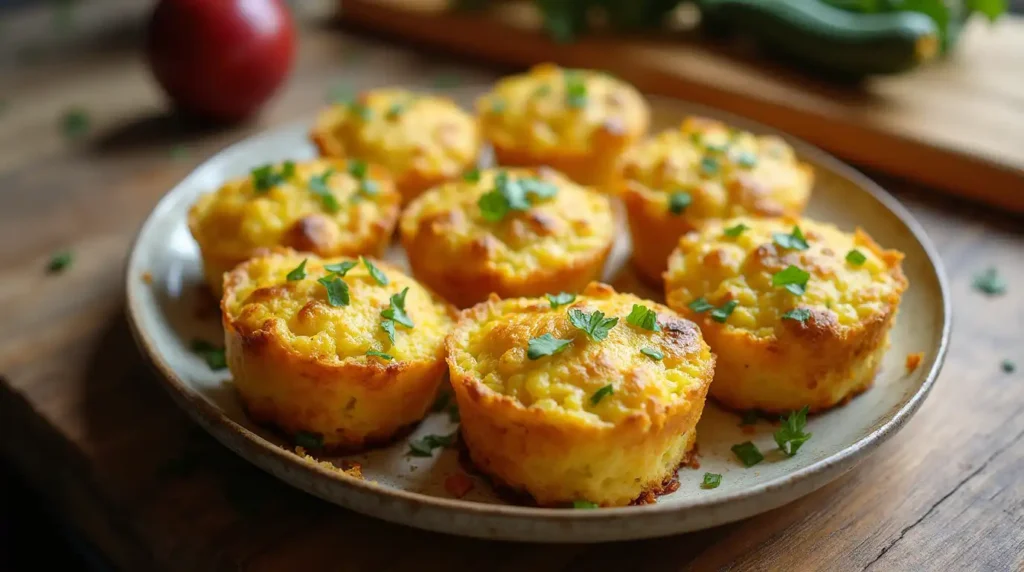 Golden baked zucchini and cheese bites served on a rustic ceramic plate with fresh herbs.