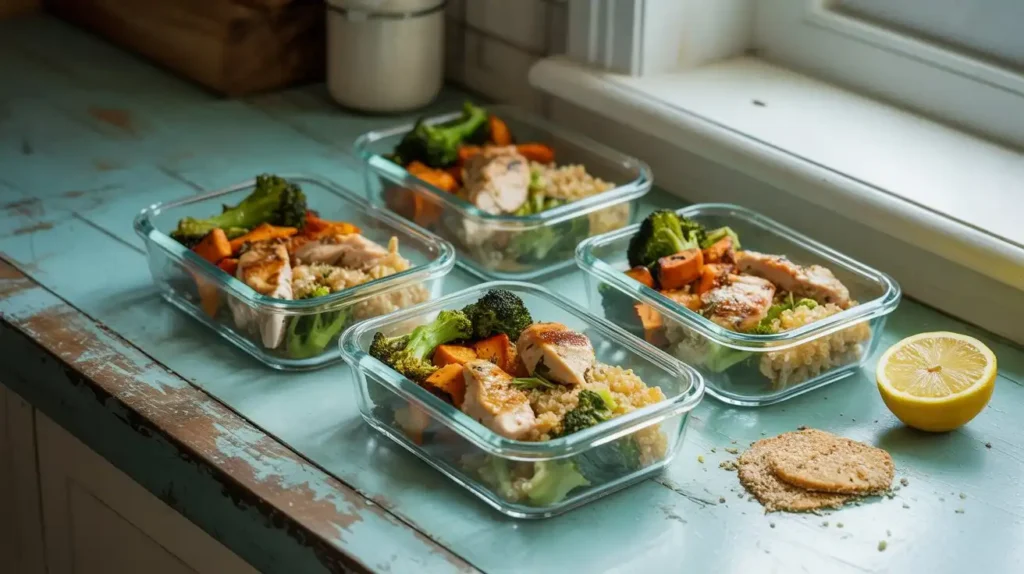 Healthy meal prep bowl with grilled chicken, quinoa, and colorful roasted vegetables