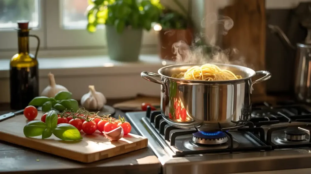 Bowl of freshly made simple pasta with tomatoes, garlic, and herbs on a rustic wooden table.