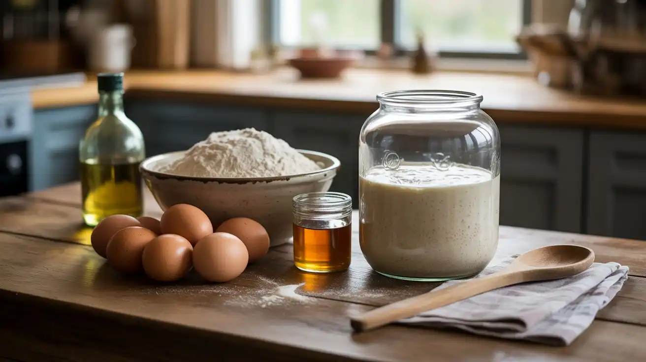 Freshly baked sourdough quick bread made with starter, sliced and ready to serve on a rustic wooden table.