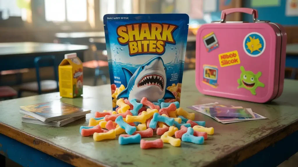 Vintage Shark Bites fruit snacks box by Betty Crocker alongside modern packaging