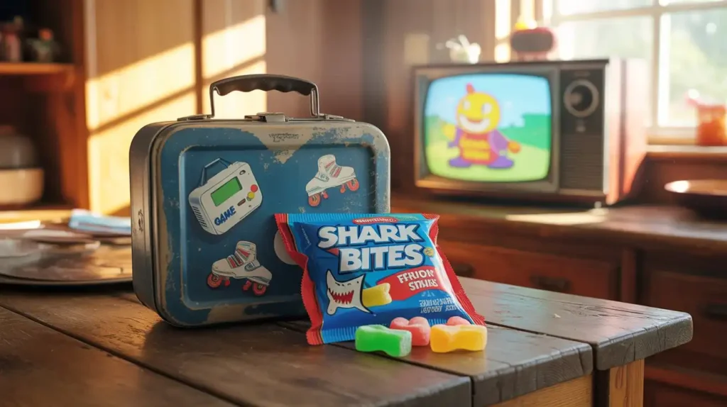 Box of Shark Bites fruit snacks with colorful gummy shapes on a white background