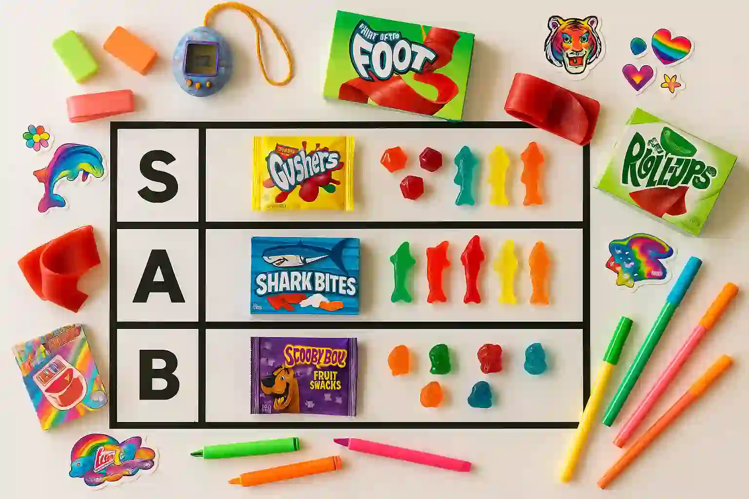 Colorful tier list display of 1990s fruit snacks, ranked from S to D tier with nostalgic packaging designs like Shark Bites, Gushers, and Fruit Roll-Ups.