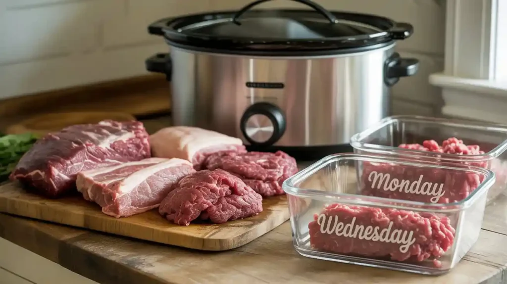 Raw and cooked meats being prepared in bulk on a large kitchen counter, including trays of chicken, beef, and pork, with seasoning containers and meal prep containers nearby.