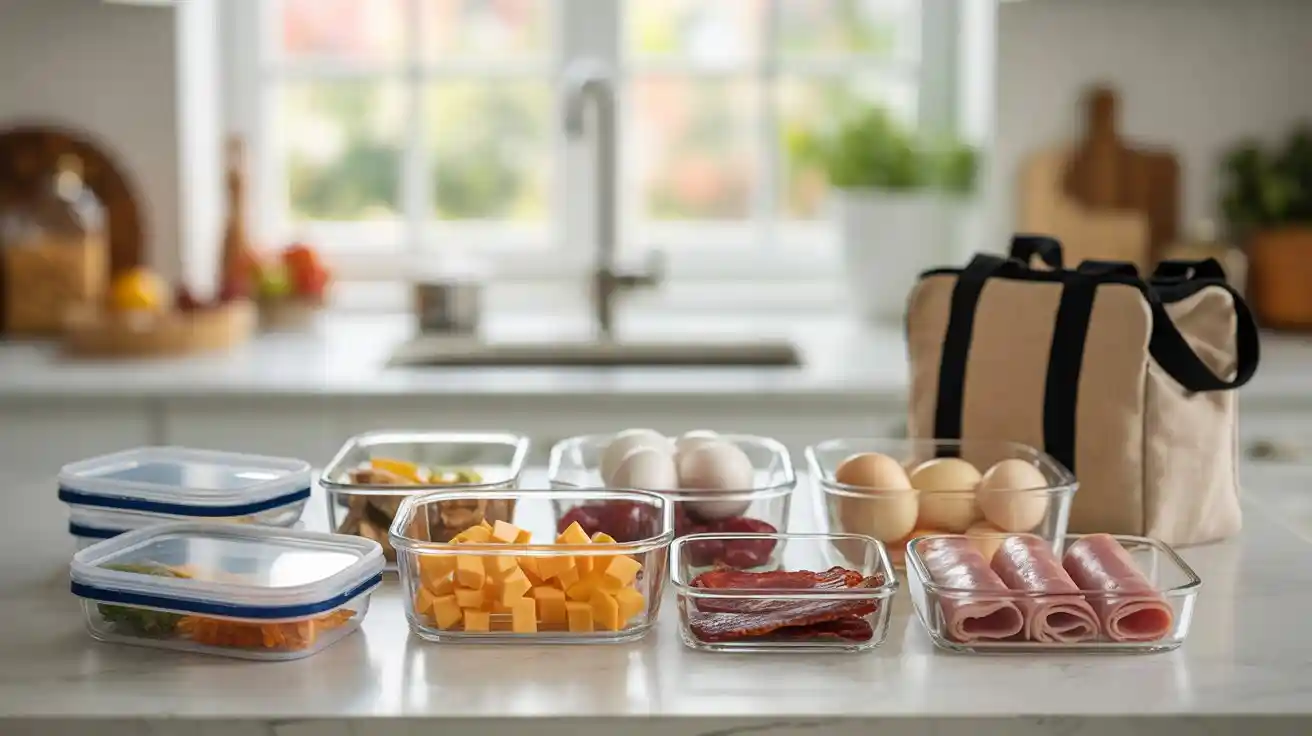 A cluttered kitchen table filled with healthy snacks in prep containers, protein bars, fruits, and reusable bags — perfect for a busy lifestyle.