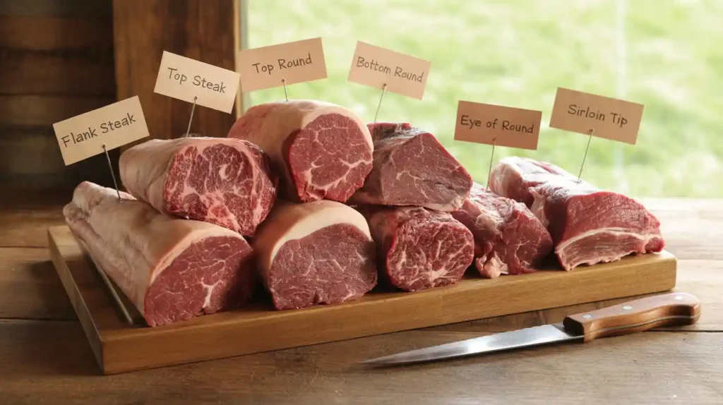 Fresh selection of lean beef cuts on a butcher’s block, ready for homemade jerky preparation.