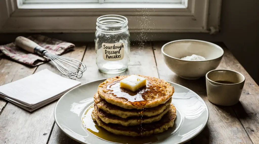Steaming sourdough discard pancakes with butter and syrup on a rustic kitchen table at sunrise