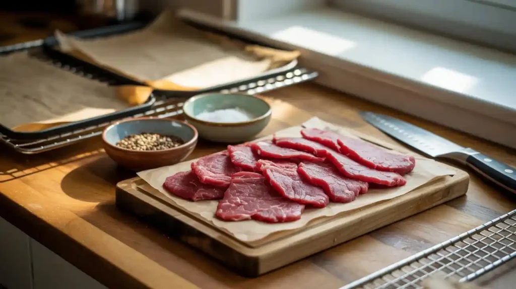Home kitchen counter setup for making homemade meat snacks like jerky, biltong, and meat chips, with a dehydrator, spices, and sliced meat on trays.