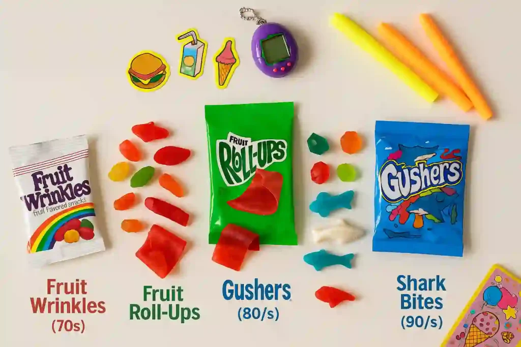 Flat lay showing a visual timeline of General Mills snack evolution, from retro 80s and 90s packaging to modern healthier snack options.