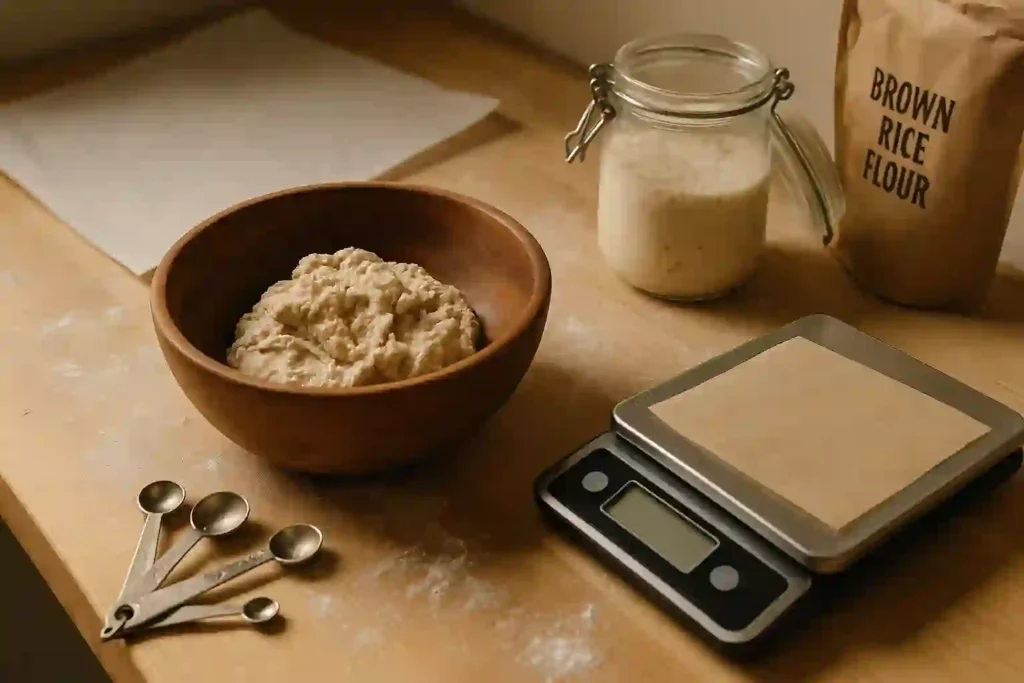 Gluten-free sourdough baking setup on a rustic kitchen counter with bowls of ingredients, a bubbling starter, and a wooden spoon.