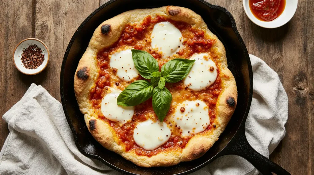 Rustic cast-iron skillet sourdough pizza with golden crust, melted mozzarella, basil, and red sauce on a wooden table.
