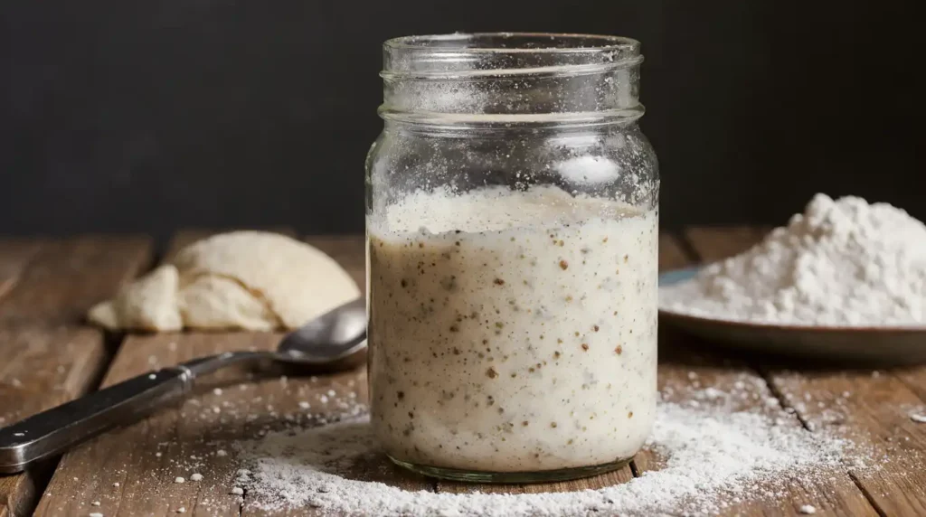 Glass jar of active sourdough starter with bubbles, flour and water nearby for feeding