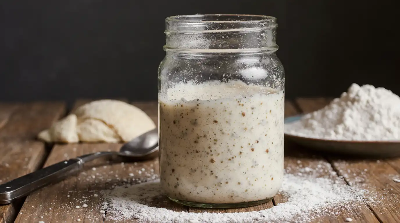 Glass jar of active sourdough starter with bubbles, flour and water nearby for feeding