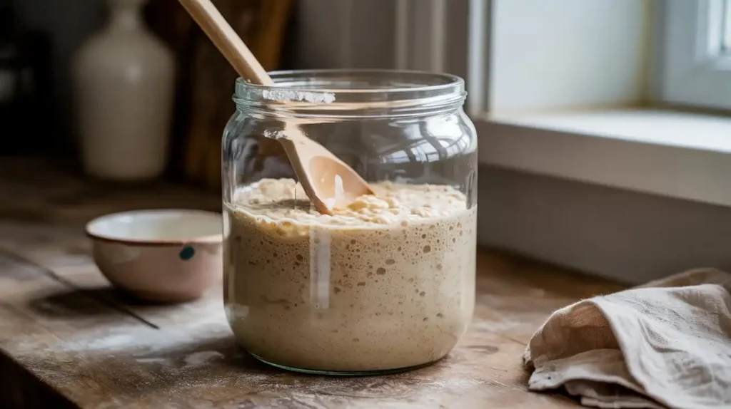 Glass jar of bubbly sourdough starter on a kitchen counter with a wooden spoon, flour bag, and clean towel nearby.