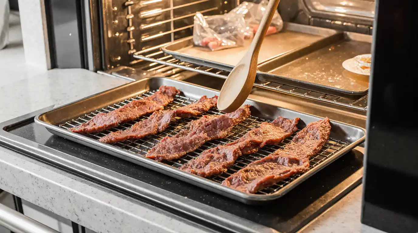 Sliced beef strips being seasoned and prepared for homemade jerky on a kitchen counter.