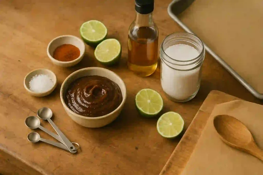 Colorful assortment of Mexican candy ingredients on a prep table, including chili powder, tamarind paste, sugar, and lime.