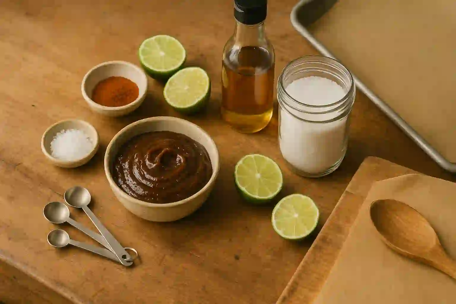 Colorful assortment of Mexican candy ingredients on a prep table, including chili powder, tamarind paste, sugar, and lime.