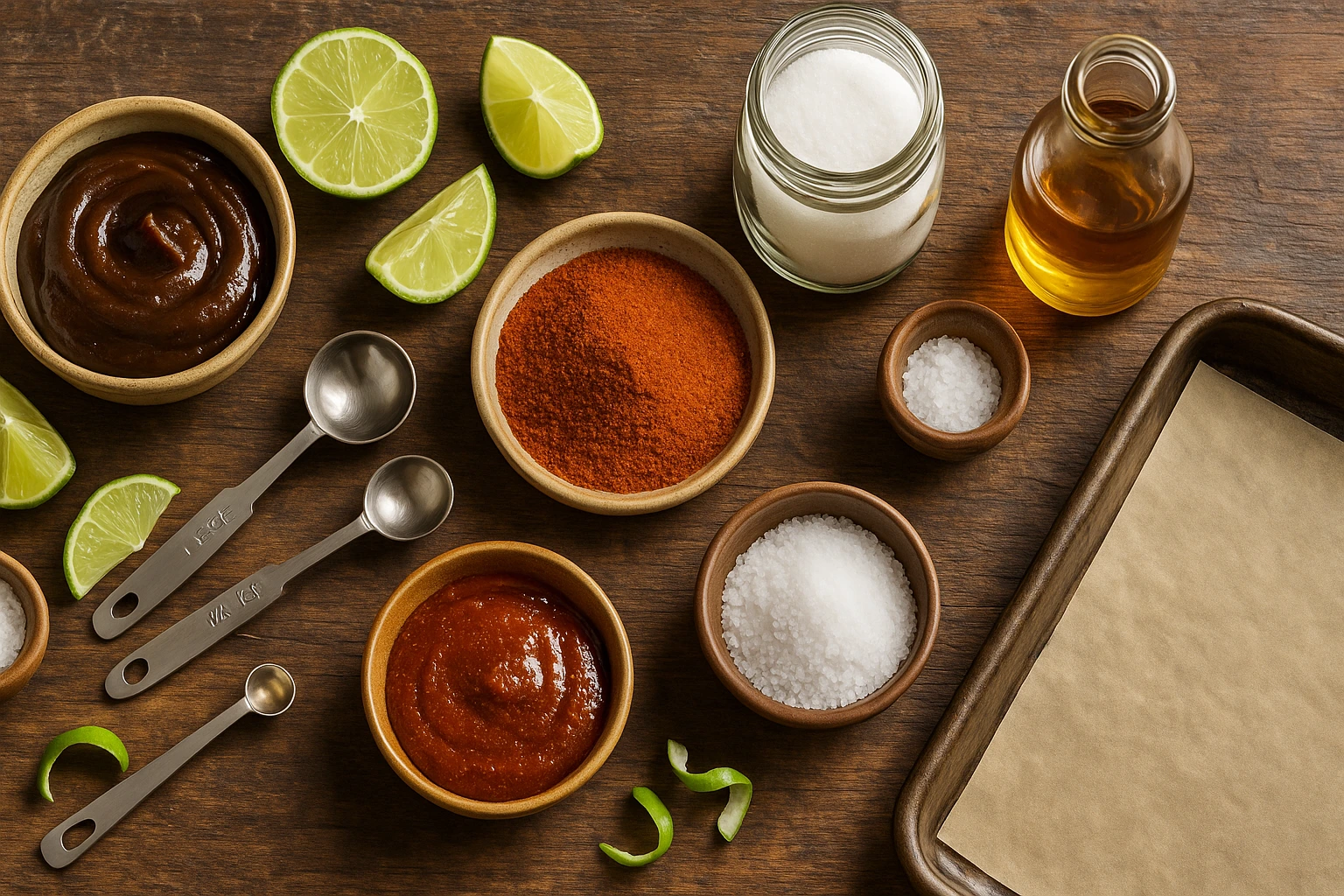 Assorted Mexican candy ingredients on a wooden prep table, including tamarind paste, chili powder, sugar, and limes.