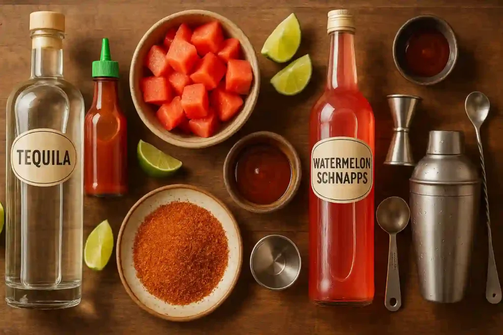 Flat lay of ingredients for Mexican candy shots, including chamoy, Tajín, watermelon juice, lime wedges, and mini tequila bottles on a rustic background.