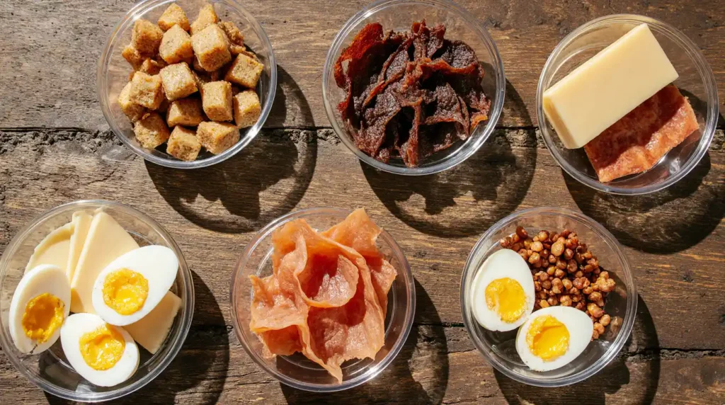 A variety of portable high-protein snacks arranged on a countertop, including boiled eggs, protein bars, Greek yogurt cups, almonds, and sliced turkey rolls in reusable containers.