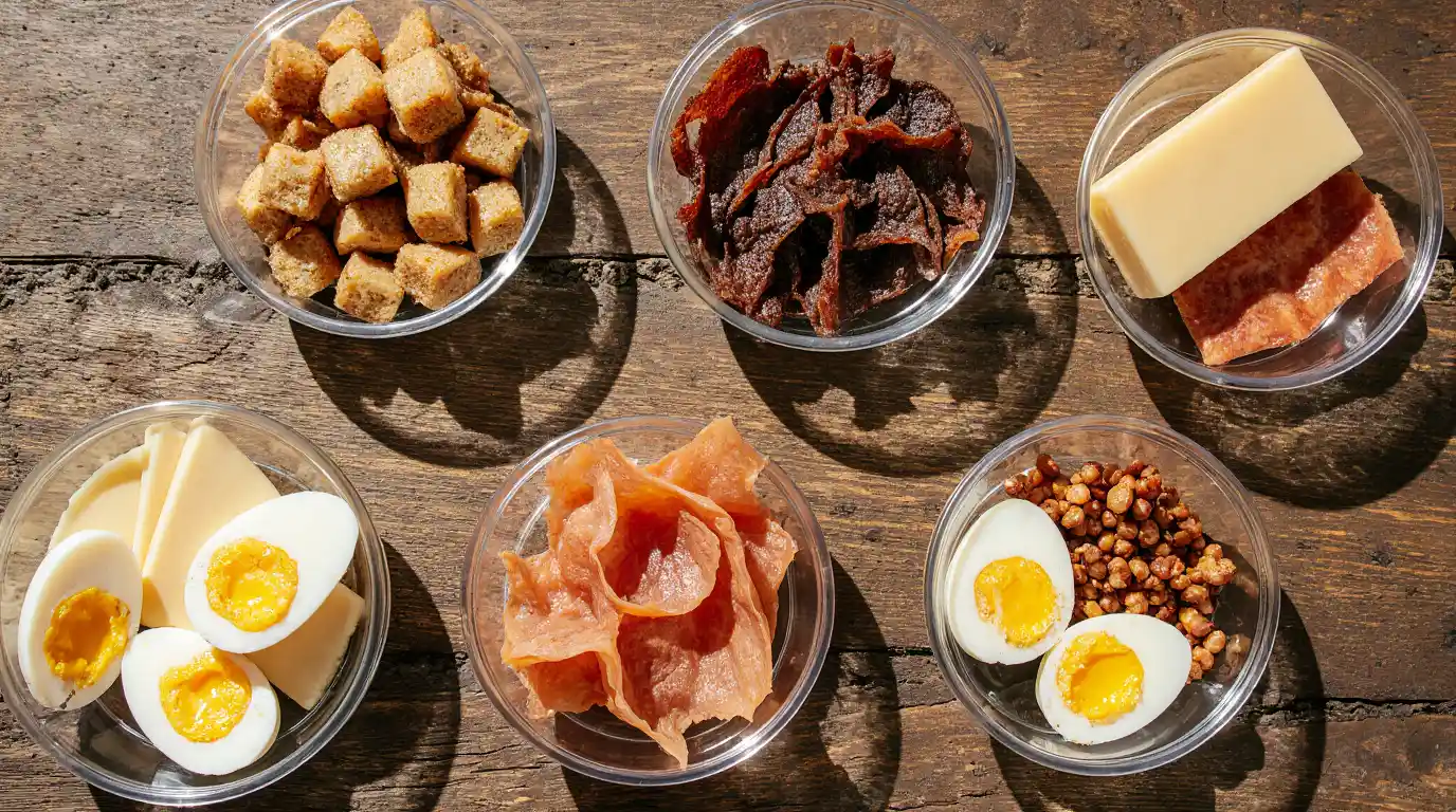 A variety of portable high-protein snacks arranged on a countertop, including boiled eggs, protein bars, Greek yogurt cups, almonds, and sliced turkey rolls in reusable containers.