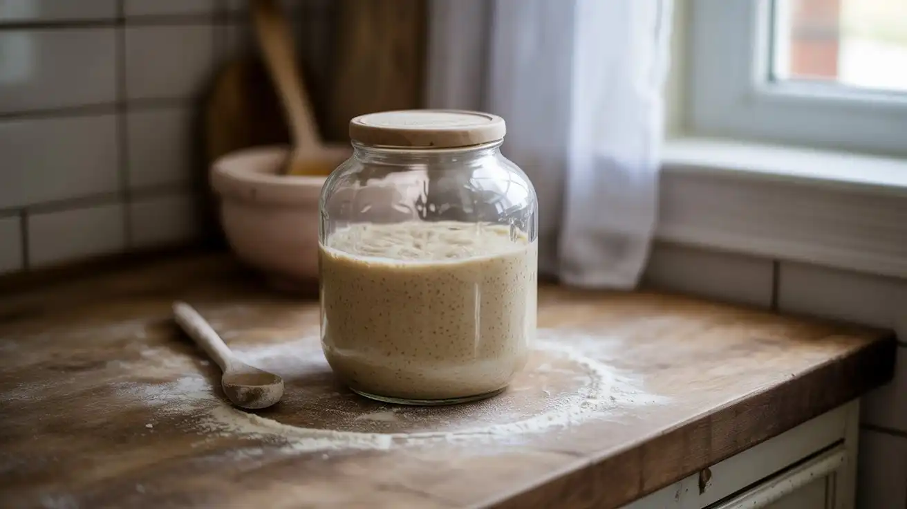 A rustic kitchen counter with a glass jar labeled “Sourdough Discard,” surrounded by leftover veggies, stale bread cubes, and a muffin tin filled with savory sourdough bites.