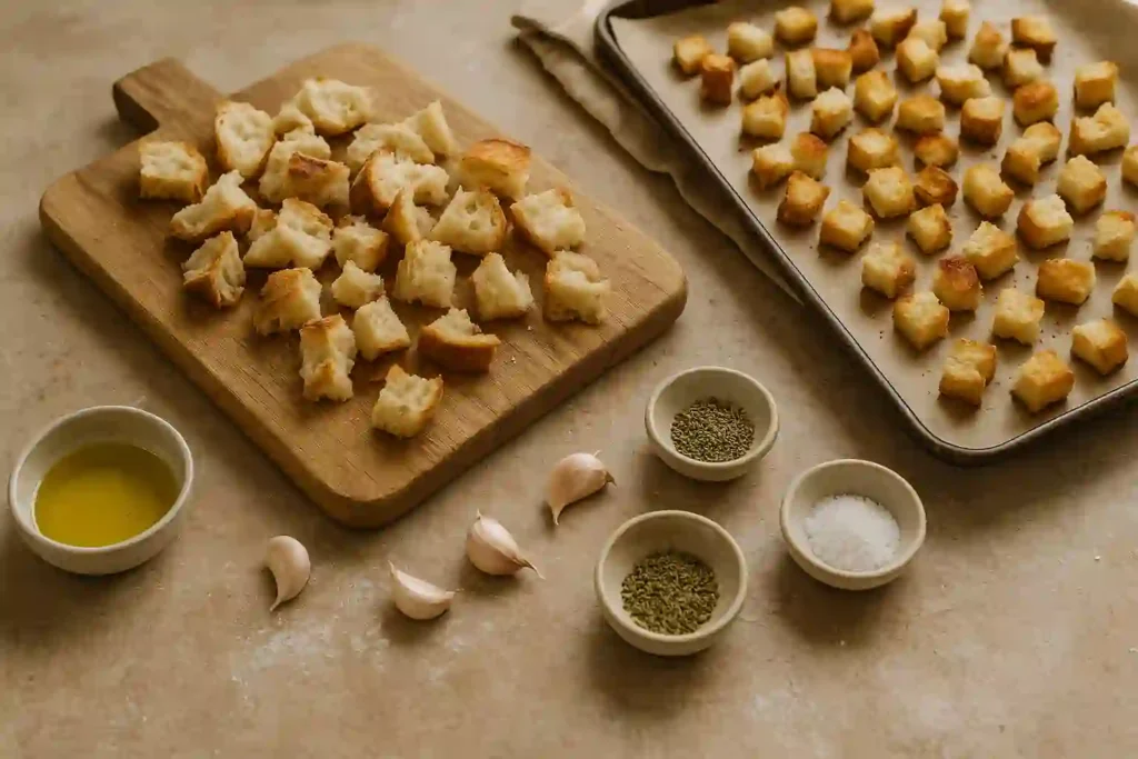 Rustic kitchen countertop with cubed bread tossed in olive oil and herbs, ready for baking as homemade croutons.