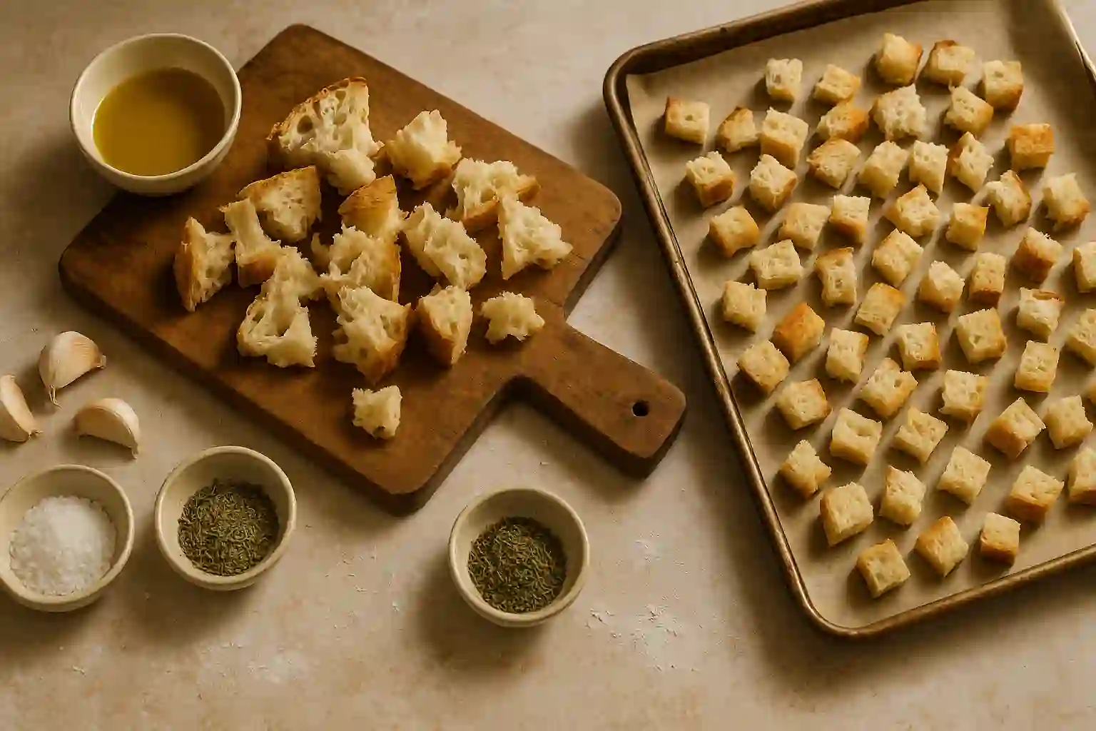 Rustic kitchen countertop with cubed sourdough bread being prepped for homemade croutons, surrounded by olive oil, herbs, and a cutting board.