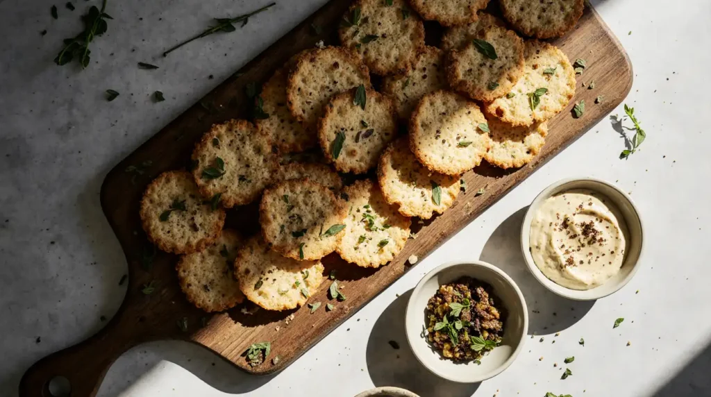 An assortment of savory sourdough snacks and party appetizers, including sourdough crackers, cheesy twists, and mini tartlets on a rustic platter with dips and herbs.