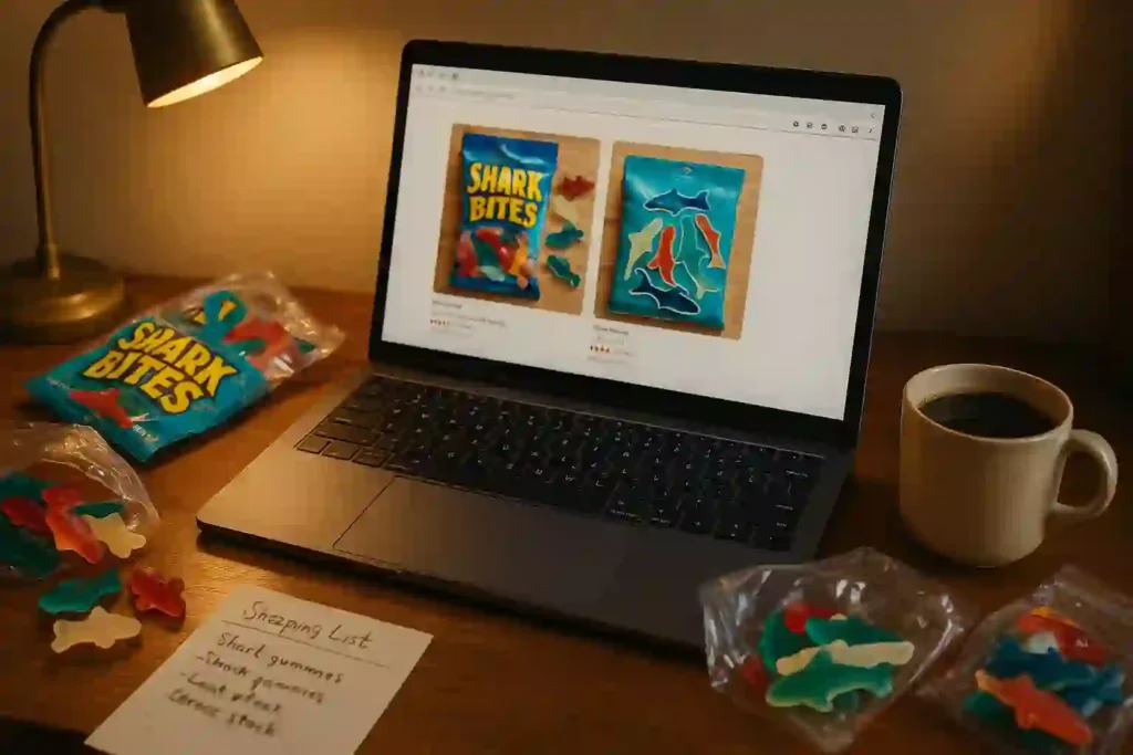 Laptop screen showing a search for vintage shark gummy candy, with colorful gummy sharks scattered nearby and 90s-themed decor in the background.