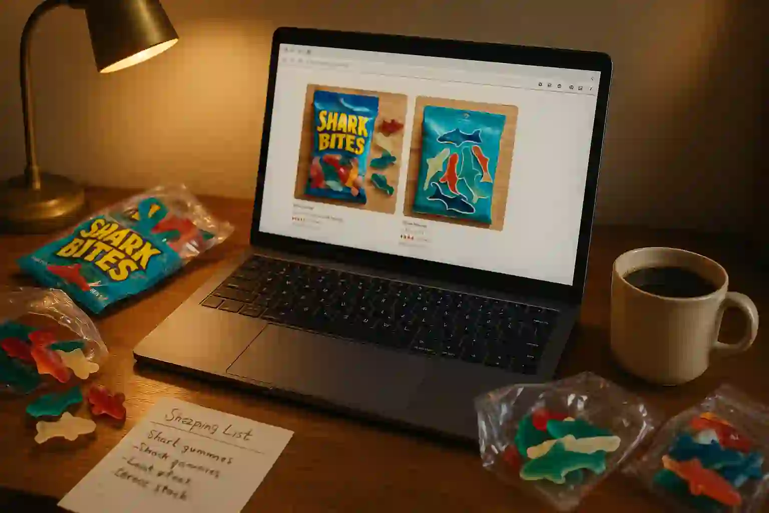 Laptop screen showing a search for vintage shark gummy candy, with colorful gummy sharks scattered nearby and 90s-themed decor in the background.