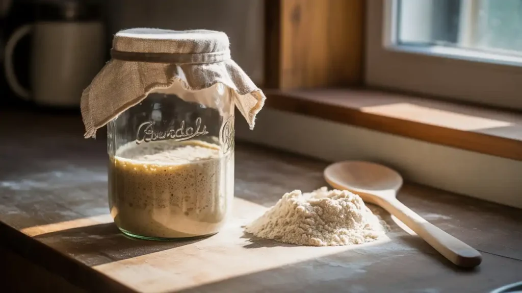 A rustic kitchen scene with simple sourdough discard recipes in progress—crackers, pancakes, and muffins on a wooden countertop.