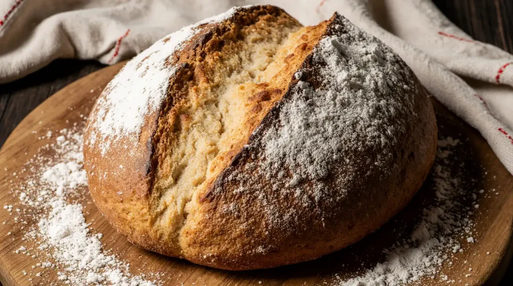 A rustic kitchen scene showing hands shaping a round loaf of sourdough on a floured wooden countertop. A banneton basket, jar of sourdough starter, and a dough scraper are nearby, with soft morning light streaming in.