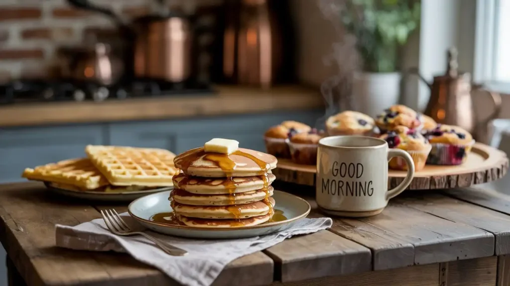 A breakfast table with sourdough pancakes, waffles, and muffins served with fruit and yogurt, no bread in sight—just creative, hearty options using sourdough discard.
