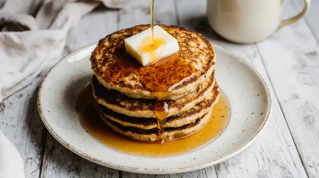 A cozy breakfast spread featuring sourdough pancakes stacked with butter and syrup, golden waffles dusted with powdered sugar, and freshly baked sourdough muffins on a rustic wooden table.