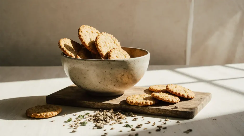 A rustic wooden board with freshly baked sourdough crackers, some sprinkled with sea salt and herbs, arranged alongside a small bowl of hummus and sliced cheese.