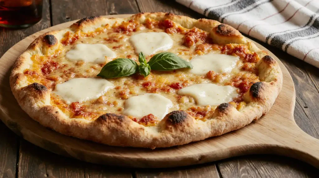 Homemade sourdough pizza and flatbreads on a wooden board, topped with fresh ingredients like mozzarella, basil, and cherry tomatoes.
