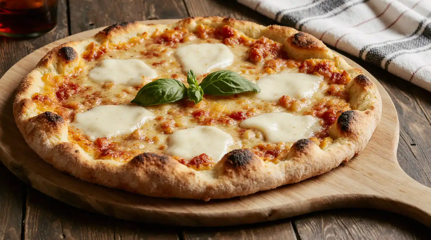 Homemade sourdough pizza and flatbreads on a wooden board, topped with fresh ingredients like mozzarella, basil, and cherry tomatoes.