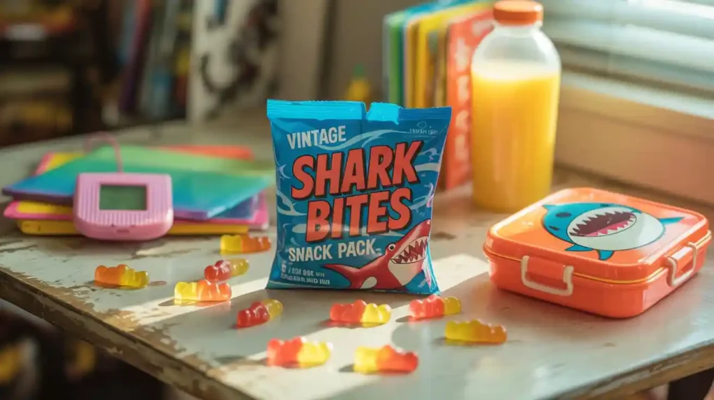 A retro Shark Bites fruit snack pack on a 1990s-style lunch table with colorful school supplies and a juice box.