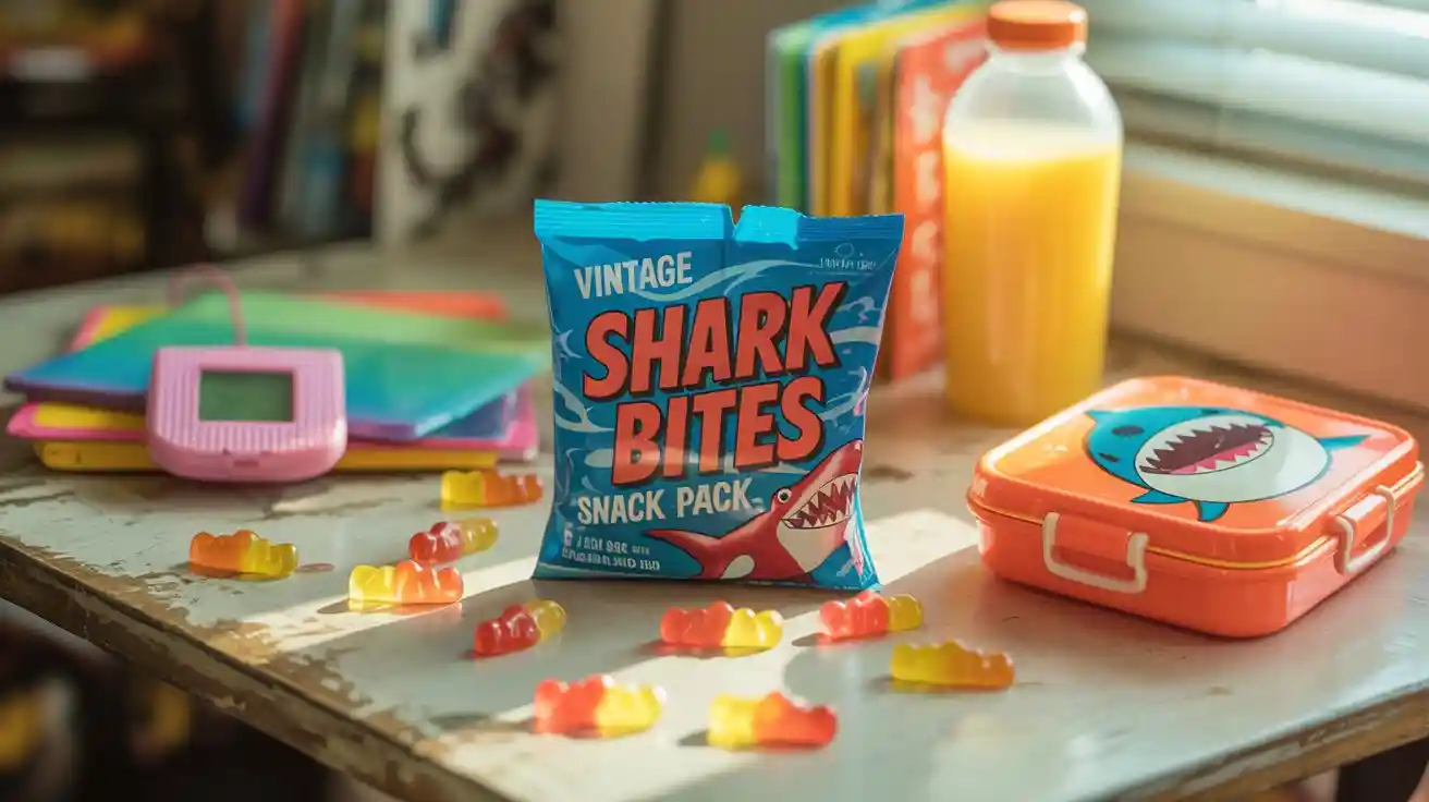 A retro Shark Bites fruit snack pack on a 1990s-style lunch table with colorful school supplies and a juice box.