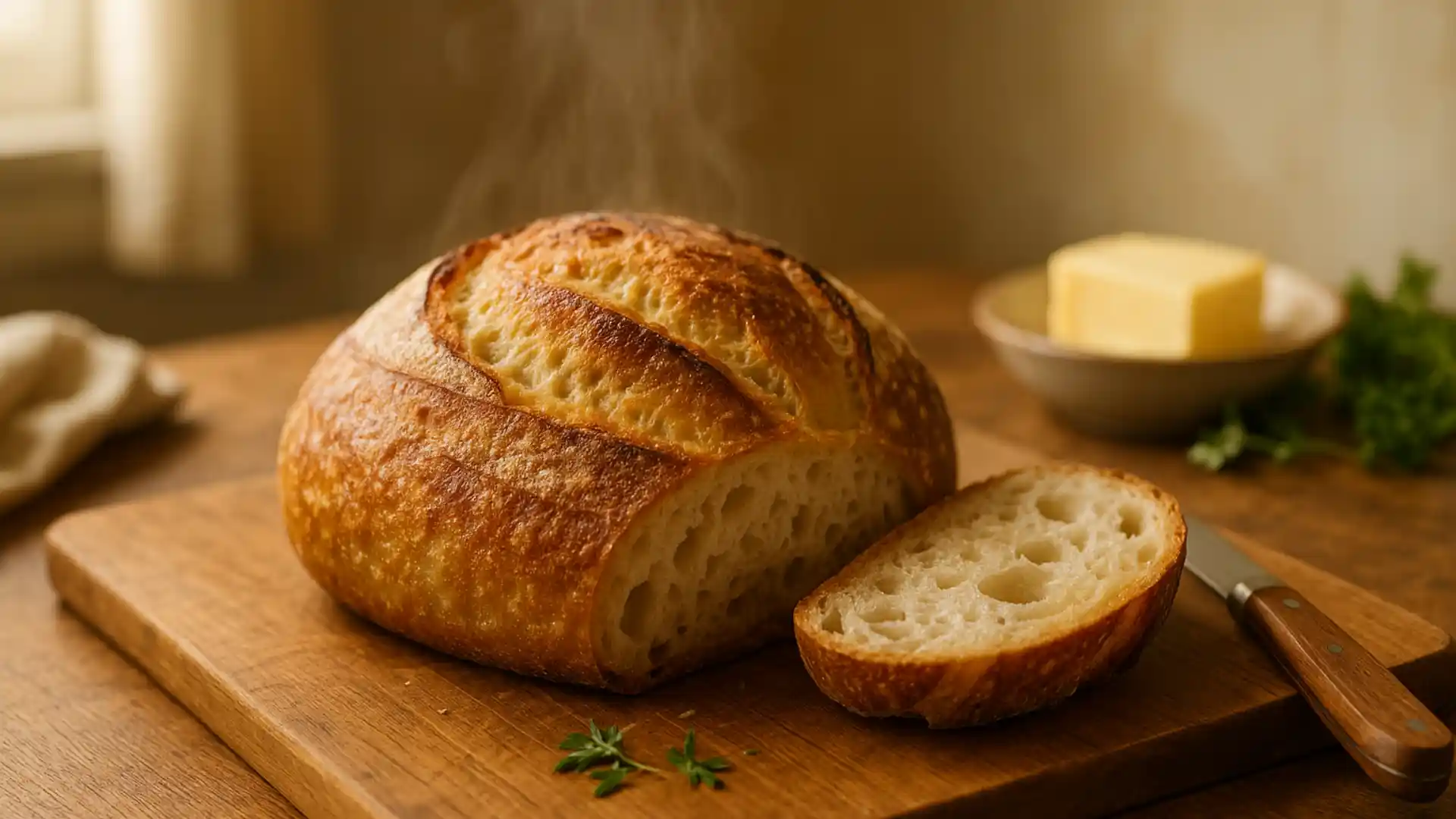 Freshly baked golden loaf of bread on display.