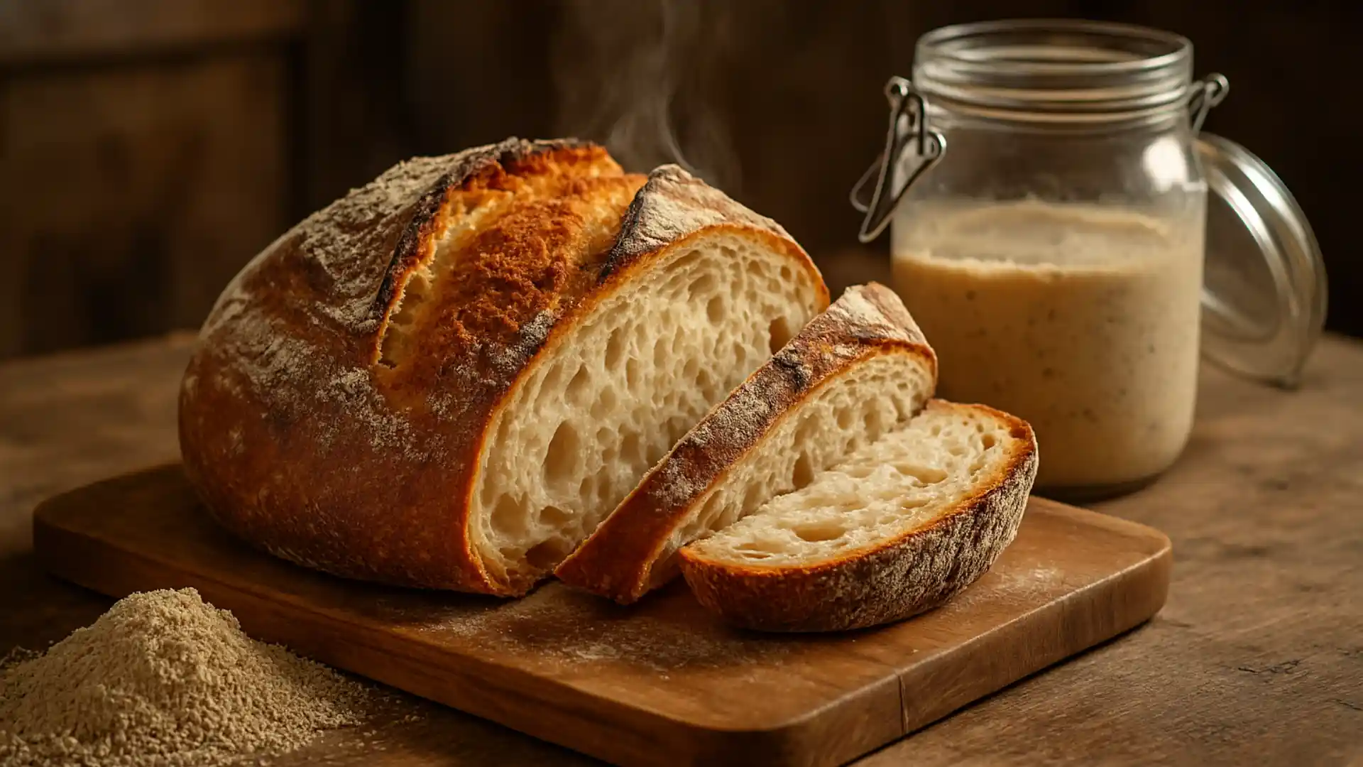 Rustic artisan sourdough loaf with a golden, crackly crust on a wooden cutting board