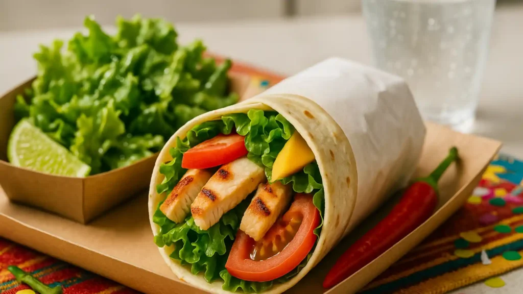 Grilled chicken wrap served with fresh green salad on a plate.